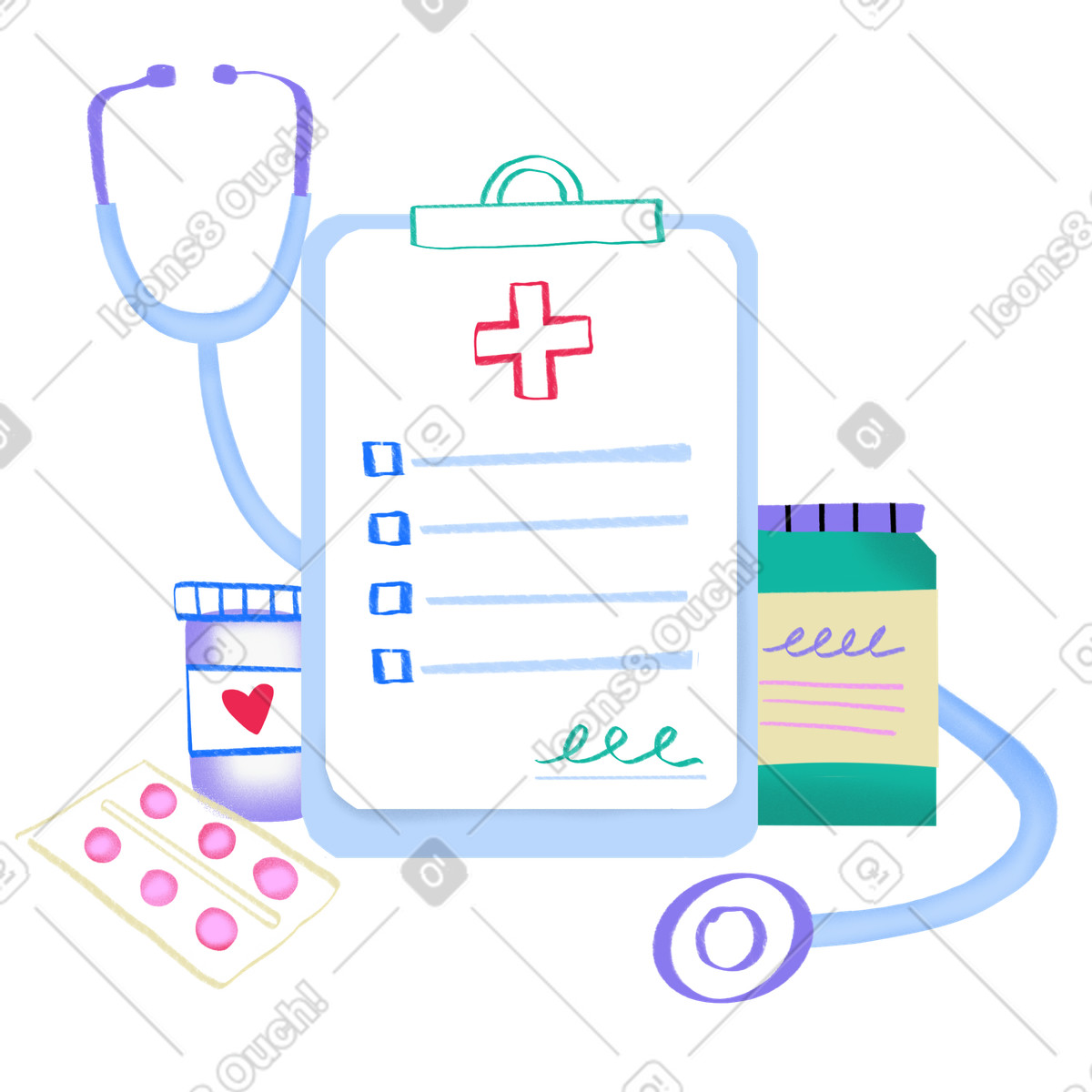 Prescription plan signed by doctor and medicine bottles illustration in Bonny style download in PNG, SVG