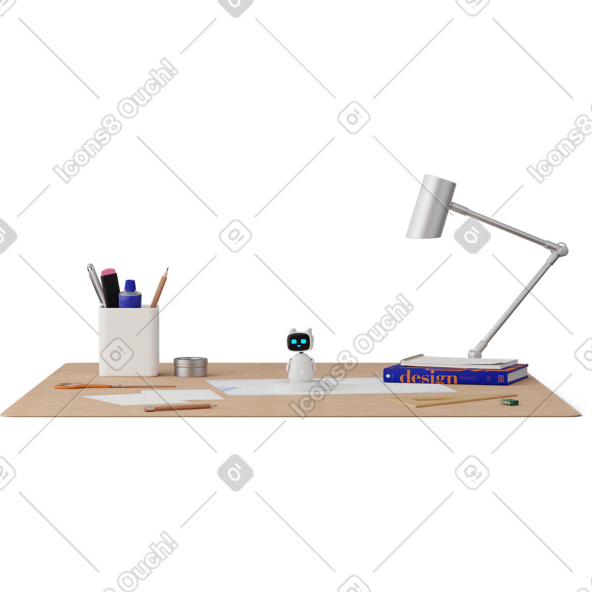 Illustration Vue de face du bureau avec papiers et assistant robot dans le style 3D Hygge à télécharger aux formats PNG, SVG
