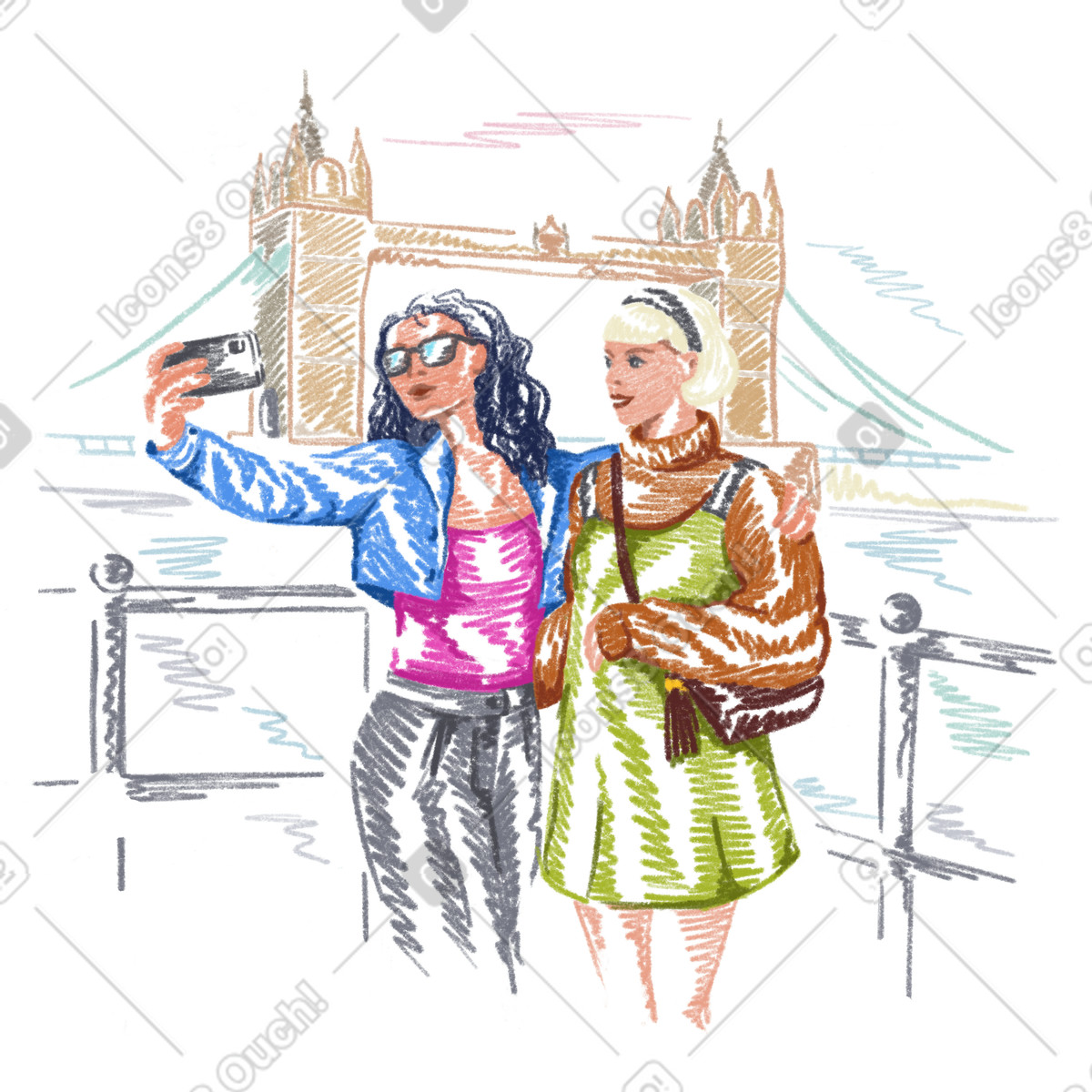 Иллюстрация Tourists taking selfies on the waterfront в стиле Sketchbook — скачать в форматах PNG, SVG