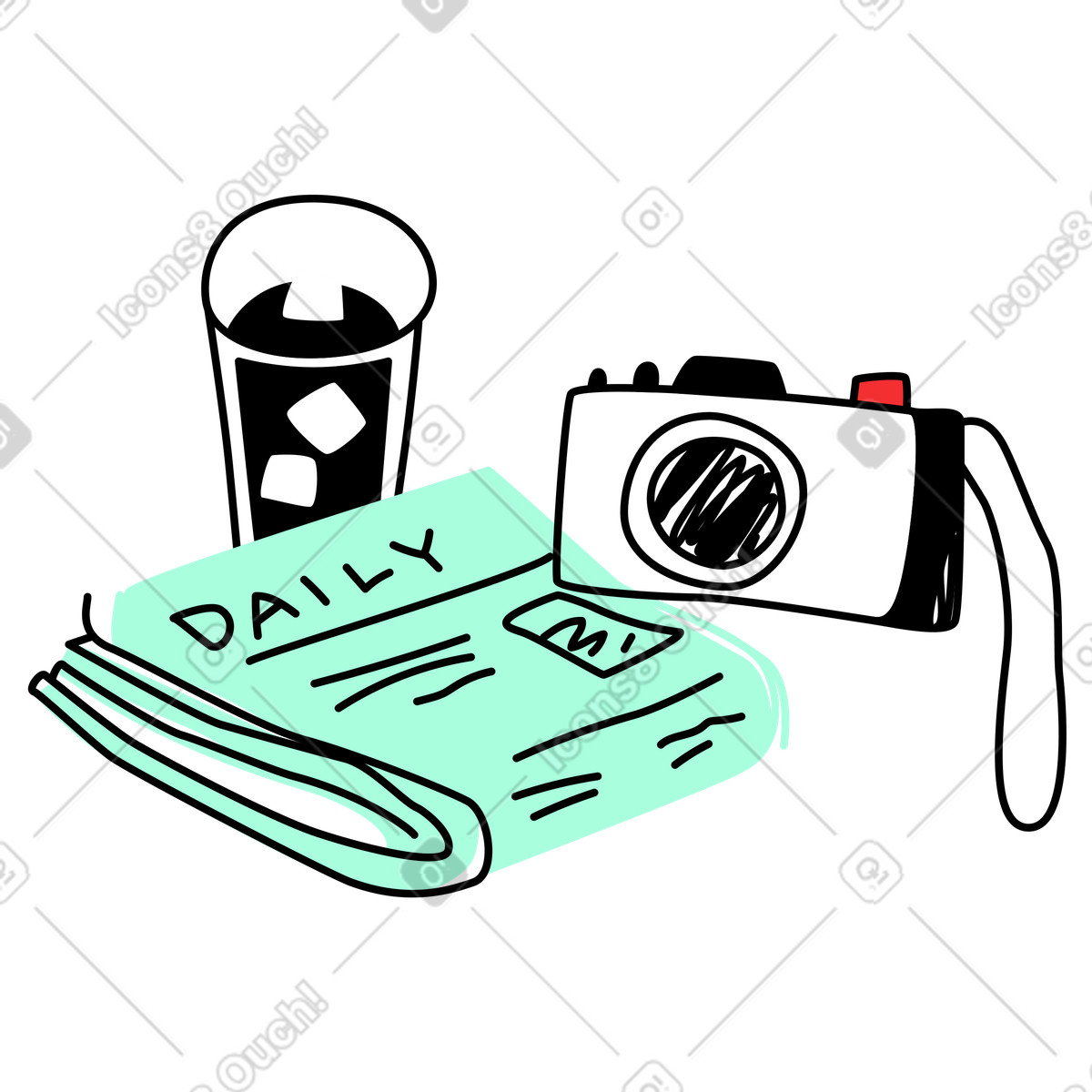 Giornale, cola ghiacciata e macchina fotografica illustrazione in stile Spicy scarica in PNG, SVG