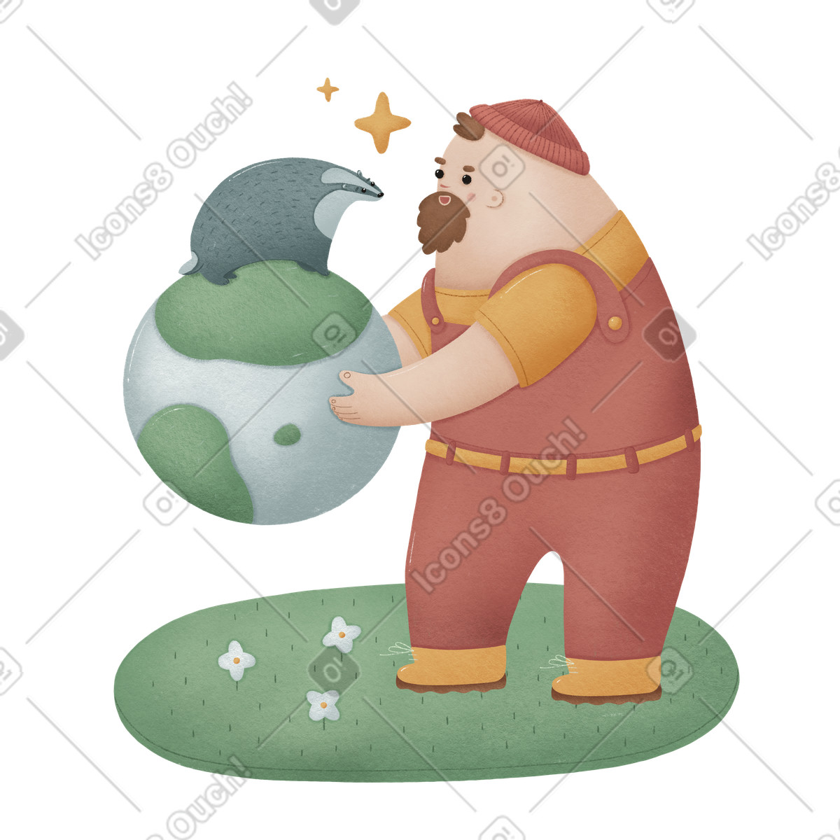 Illustration Caretaker with globe and forest animal, Global environmental protection nature conservation dans le style Woolly à télécharger aux formats PNG, SVG