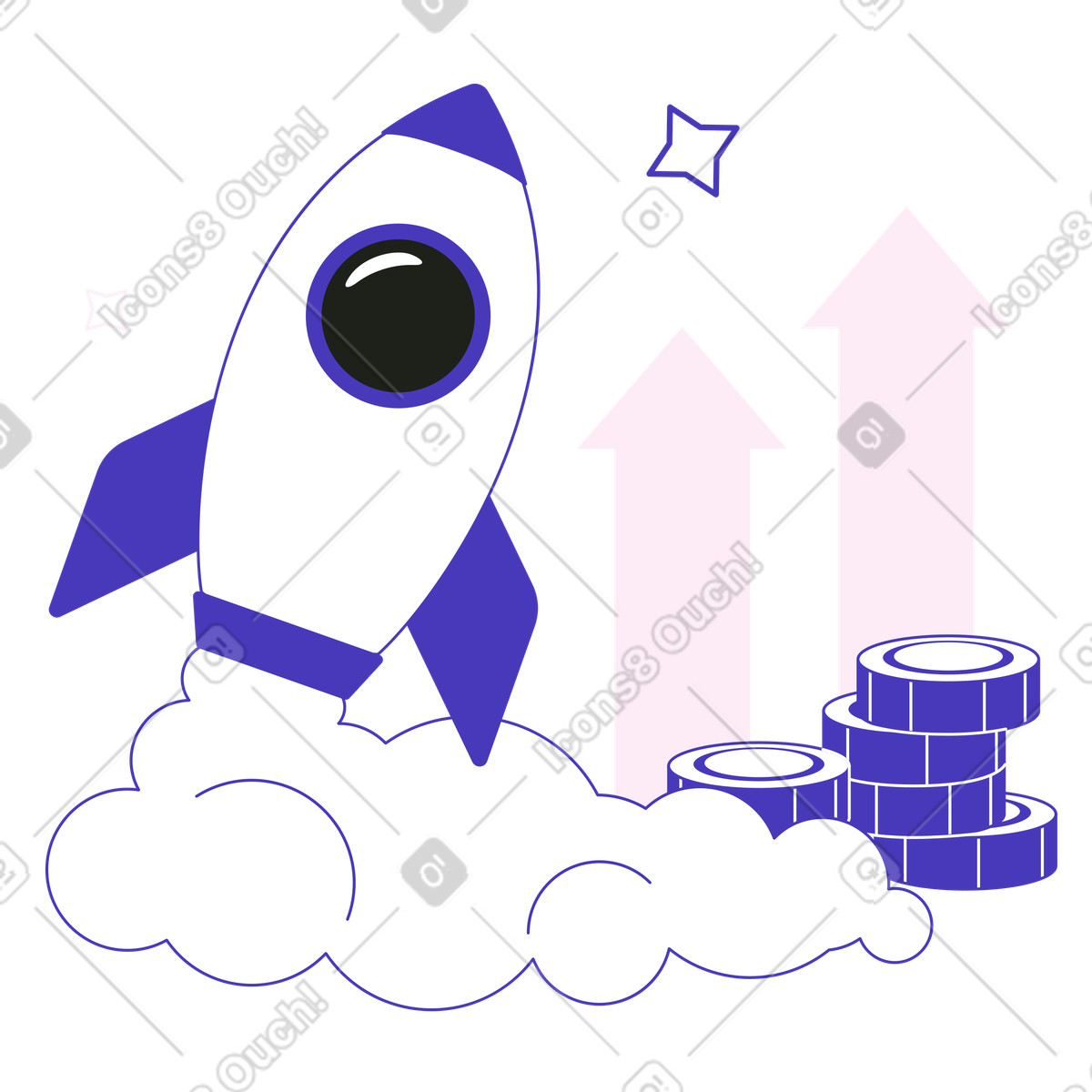 Raketenstart mit aufsteigenden pfeilen und münzstapeln-Illustration im Blueberry-Stil als Download in PNG, SVG