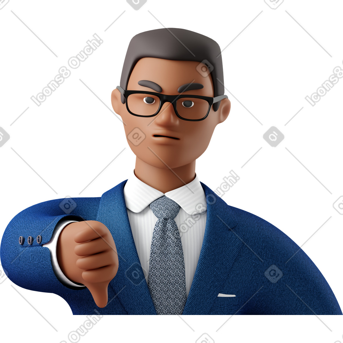 3D Business スタイルの Close up of angry black businessman in blue suit showing thumbs down のイラストをPNG、SVG形式でダウンロード