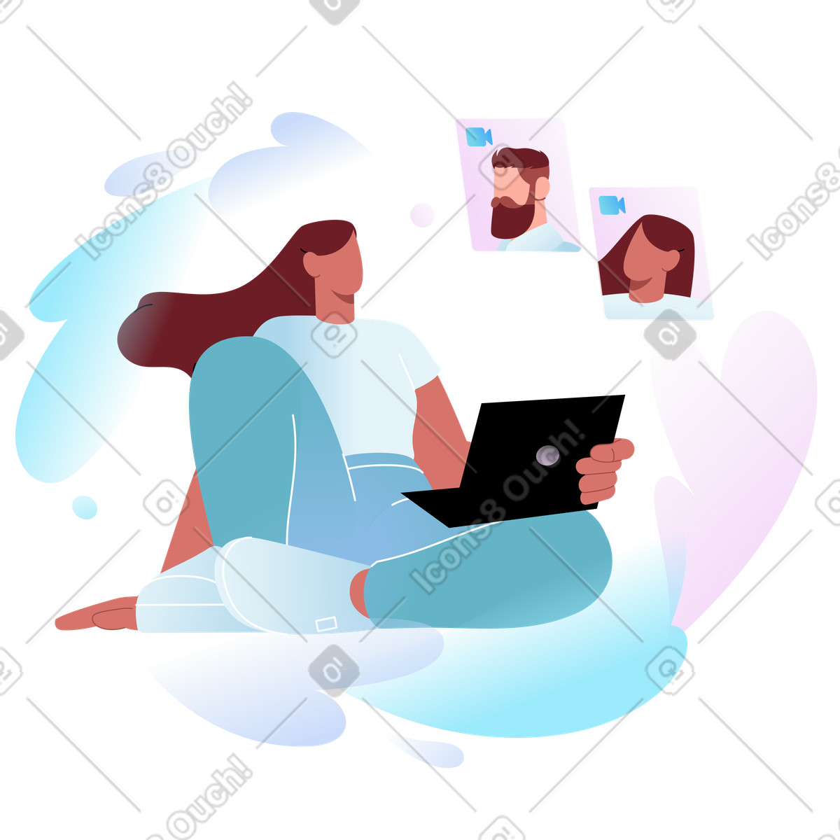 Video call with colleagues, Virtual teamwork and discussion-Illustration im Airy-Stil als Download in PNG, SVG