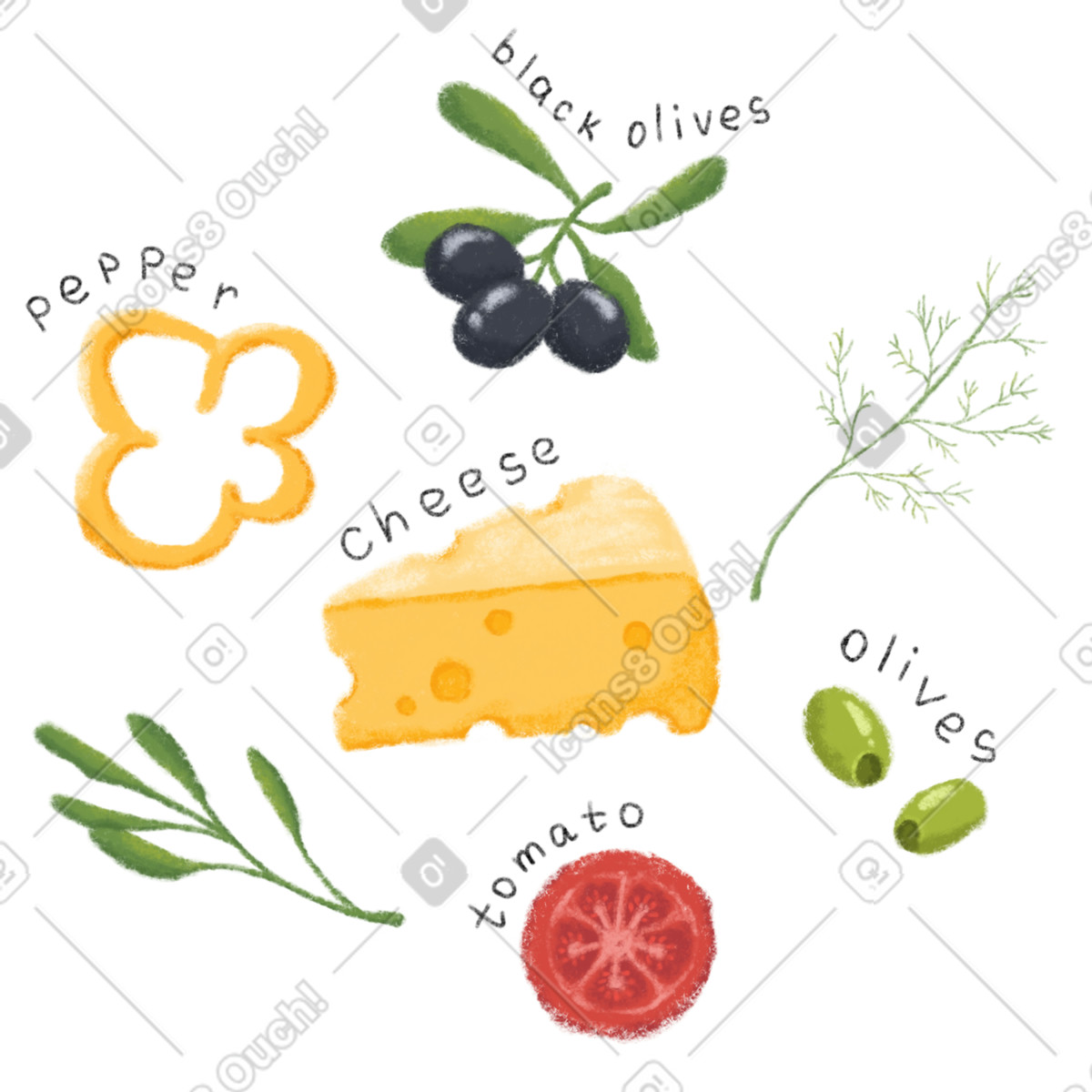 Ilustración Various ingredients for an italian dish en estilo Toscana a descargar en PNG y SVG