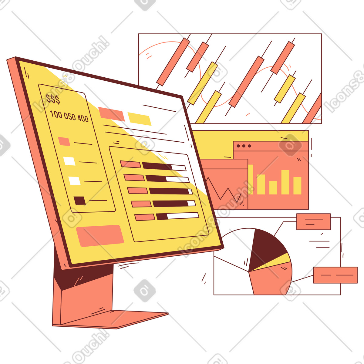Ilustración Monitor de computadora con ventanas diagrama en estilo Storyline a descargar en PNG y SVG