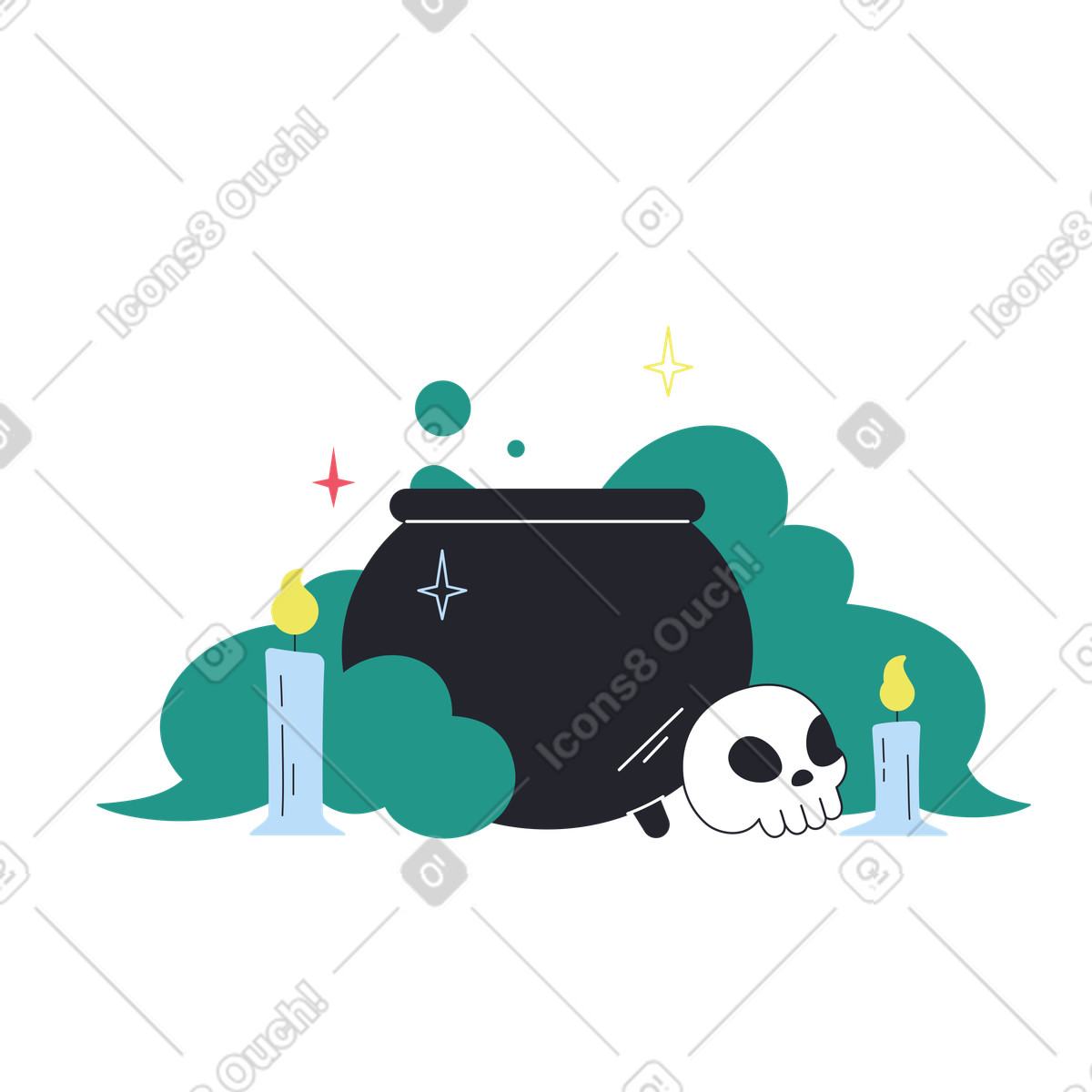 Potion in cauldron, skull, and candles illustration Boba style download PNG, SVG