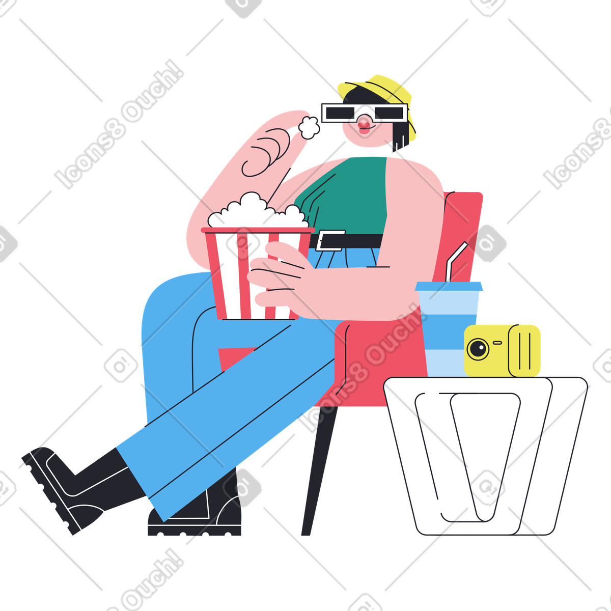 Donna che guarda un film con i popcorn illustrazione in stile Boba scarica in PNG, SVG