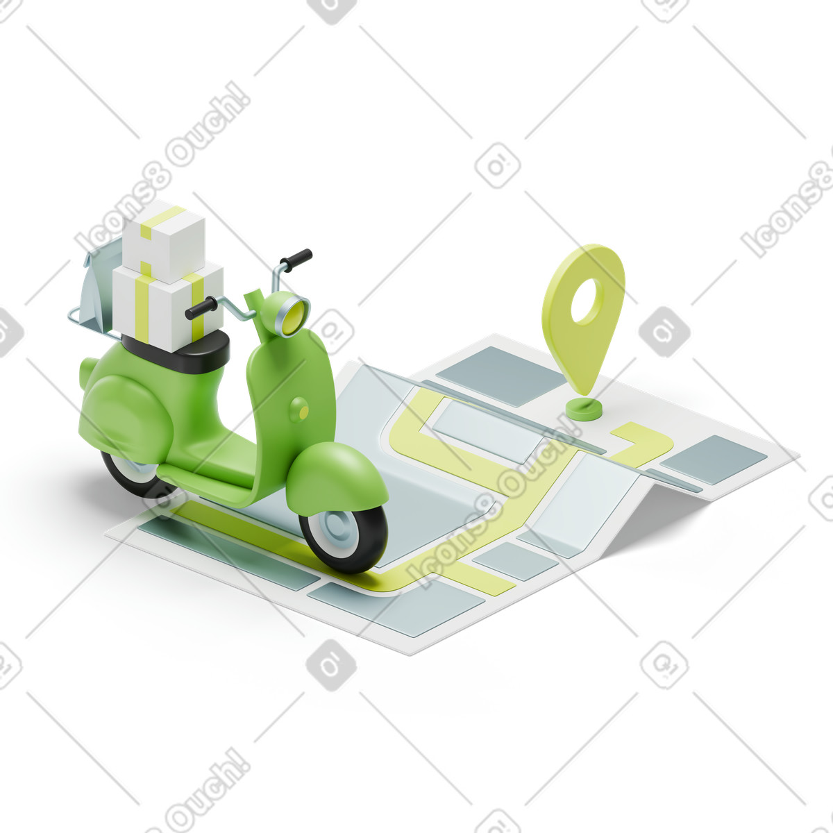 Delivery scooter with packages on digital map, Express and route navigation animated illustration in 3D Isometric style download in GIF, Lottie (JSON), AE