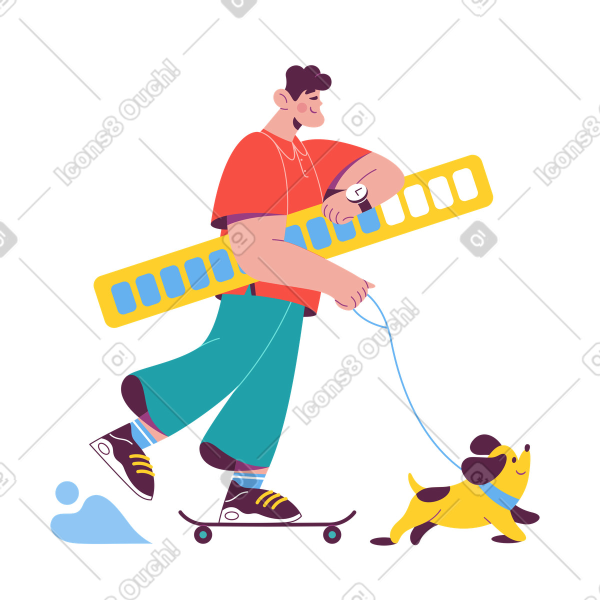 Skateboarder with progress bar and pet, productivity and activity tracking illustration in PNG, SVG