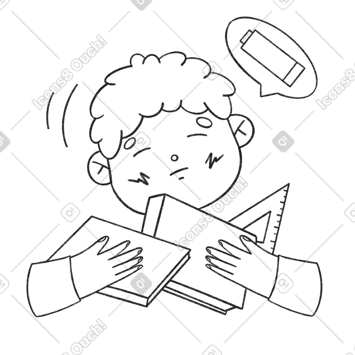 Student exhausted with textbooks and ruler, Studying and exam preparation illustration in Bonbon Line style download in PNG, SVG