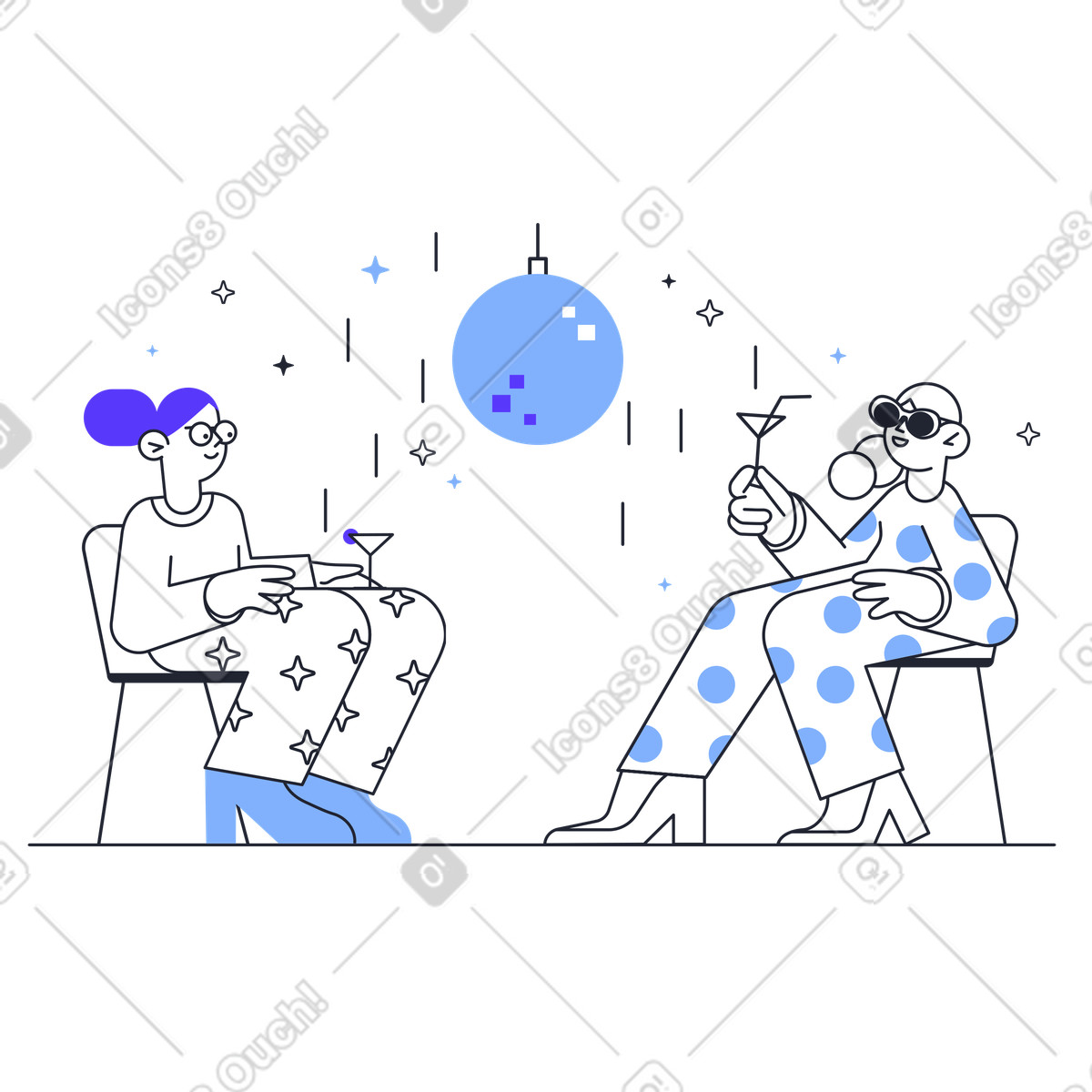Women with cocktails sitting at party illustration in Pablita style download in PNG, SVG