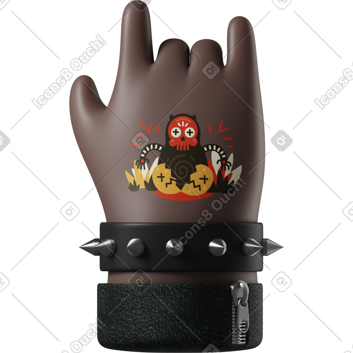 Ilustración Mano de piel negra rockero con un tatuaje que muestra el signo rock en estilo 3D Hands Fun&Wild a descargar en PNG y SVG