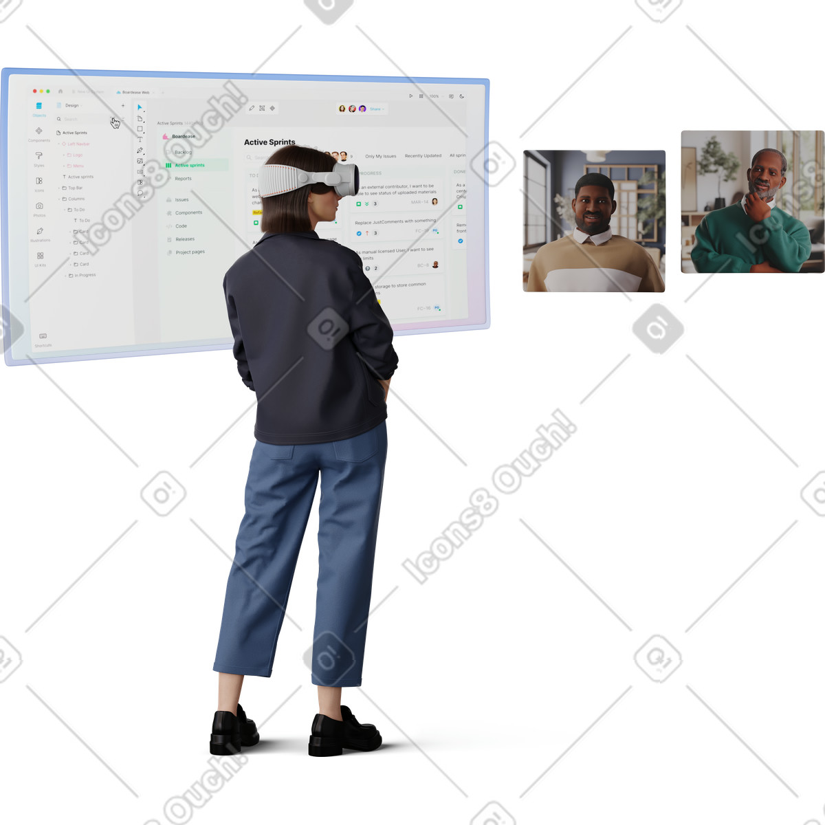 Ilustración Colleagues discussing the project in vr en estilo 3D Hygge a descargar en PNG y SVG