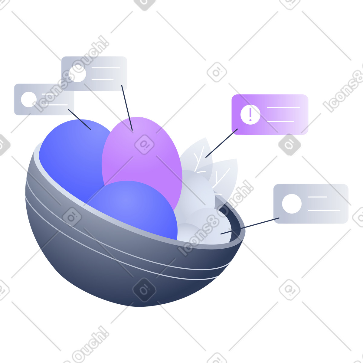 Ciotola con frutta e tag informativi, analisi nutrizionale digitale basata sull'intelligenza artificiale, monitoraggio di alimenti sani illustrazione in stile Lucent scarica in PNG, SVG