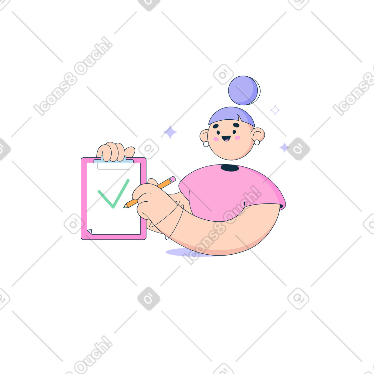 Иллюстрация Женщина держит планшет и ставит галочку в стиле Bubble gum — скачать в форматах PNG, SVG