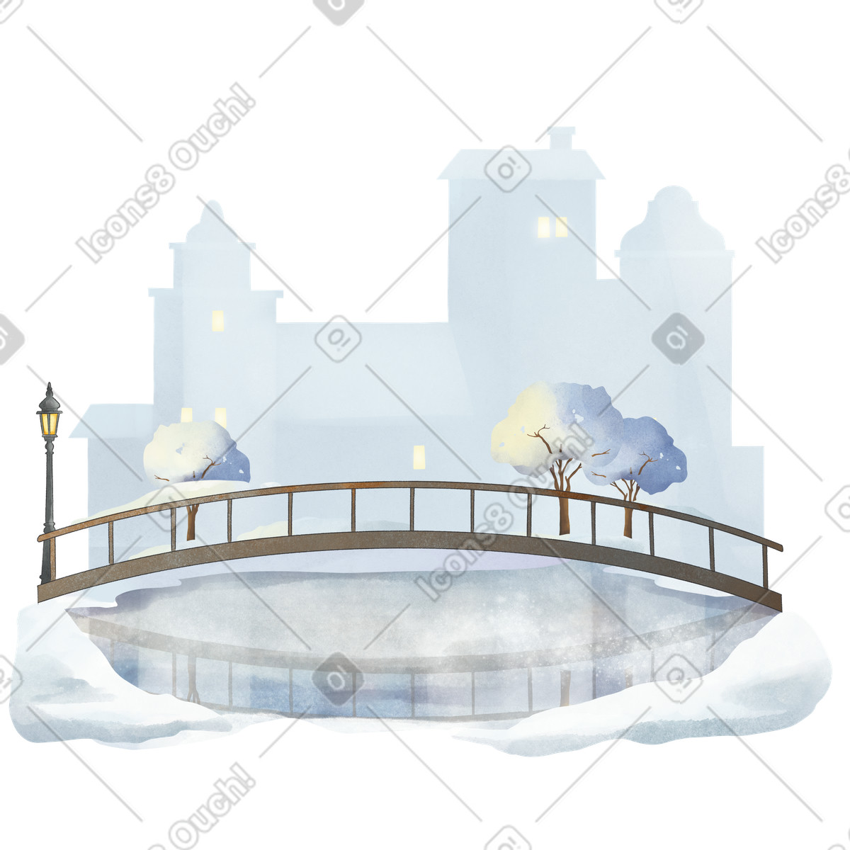 Illustration Winter town with a lake dans le style Seasons à télécharger aux formats PNG, SVG