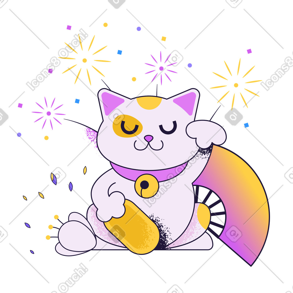 Maneki neko with fireworks, Good luck and prosperity celebration illustrazione in stile Conifer scarica in PNG, SVG