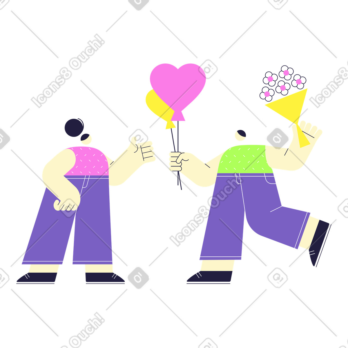 Uomo che dà palloncini e bouquet di cuore alla donna illustrazione in stile Mellow scarica in PNG, SVG