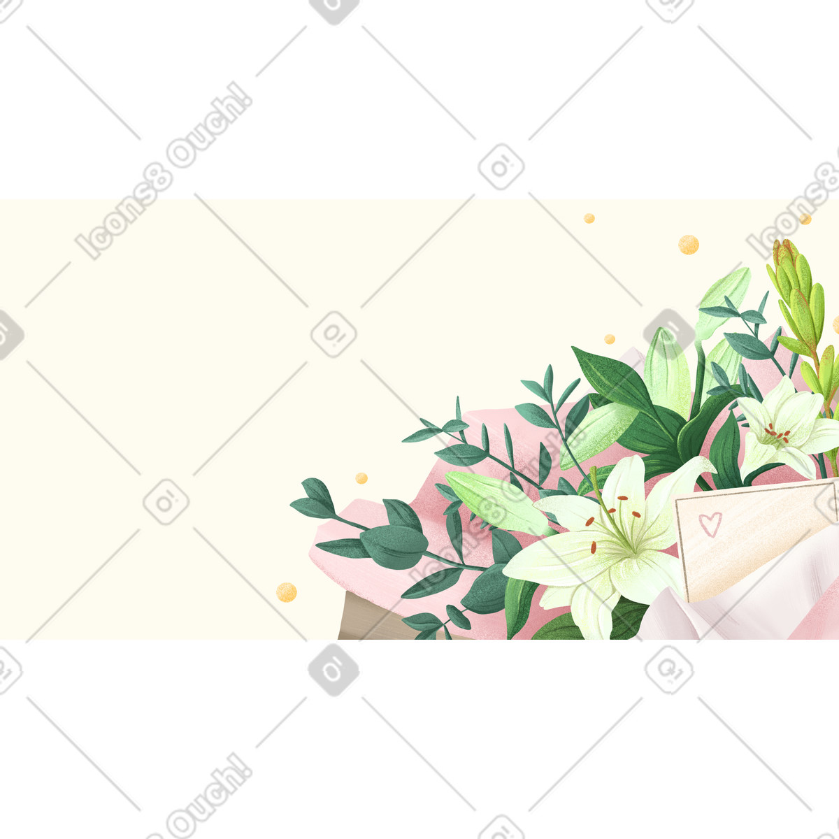 Ilustración Bouquet of white lilies with green leaves, Floral greeting background en estilo a descargar en PNG y SVG