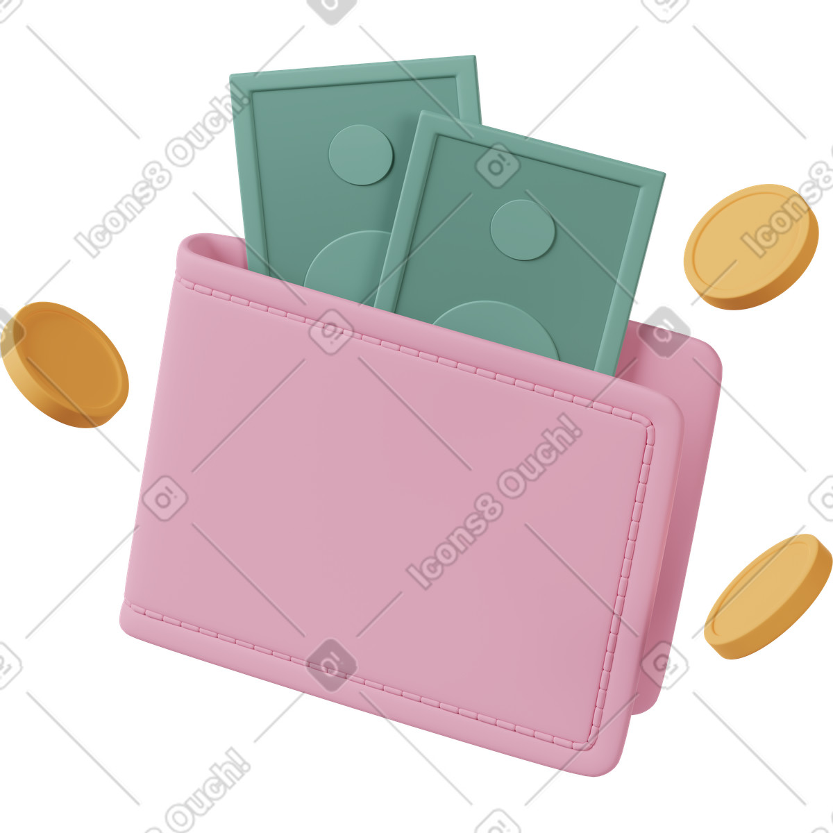 Wallet with banknots and coins flying around illustration in PNG, SVG