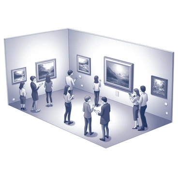A spacious art museum gallery filled with various paintings displayed on the walls. Groups of visitors are scattered throughout the room, some standing in front of the artwork while others are discussing among themselves. Several visitors hold smartphones, capturing photos of the paintings. The gallery is illuminated by soft lighting that highlights the textures and details of the artwork. There are labels beside each painting, providing information about the artists and titles. The atmosphere is lively as people engage with the art around them.