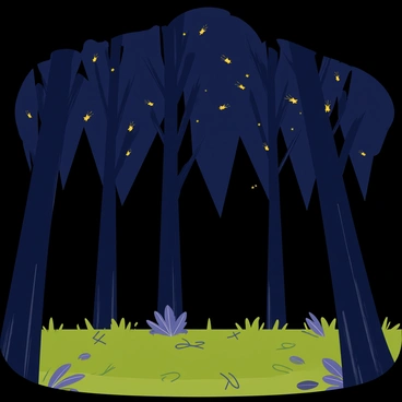 A serene night scene with fireflies glowing like tiny flames in a dark forest.