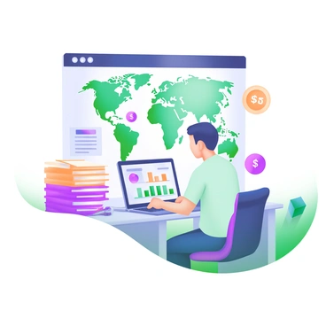 An accountant sits at a modern desk, focused on analyzing financial data. The accountant is surrounded by stacks of documents and a laptop displaying charts and graphs. A large, detailed world map hangs on the wall behind them. Various financial icons, such as dollar signs, pie charts, and arrows, are scattered across the map, indicating different regions and statistics. The scene is well-lit, with a sleek, minimalist design, featuring soft pastel colors throughout the workspace.