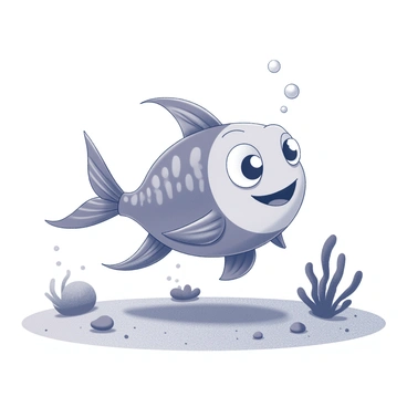 A cartoon fish with exaggerated features is performing yoga poses on a sandy ocean floor. The fish includes large, round eyes and a wide smile, showcasing its playful demeanor. It is surrounded by various seaweed and small coral formations, adding texture to the underwater environment. The fish is depicted in a 'downward dog' pose, with its fins stretched out and body arched. A few bubbles float upwards around the fish, enhancing the underwater atmosphere.