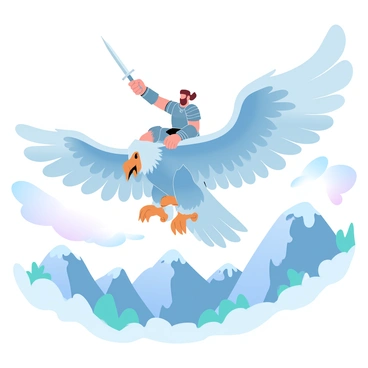 A warrior riding atop a griffin soaring over rugged mountains