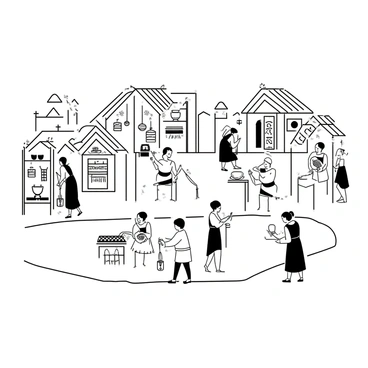 A winding trail meanders through a cultural village, lined with small wooden stalls displaying various local crafts. There are intricately woven baskets, handmade pottery, and vibrant textiles hanging for visitors to admire. In the background, traditional houses with thatched roofs are visible, adorned with decorative carvings. A group of villagers is engaged in demonstrating traditional weaving techniques, while others are showcasing their pottery skills. Visitors walk along the trail, stopping to interact with artisans and learn about their crafts and traditions.