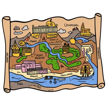 A printed historical map showcasing an ancient civilization. The map displays intricate geographical features including mountains, rivers, and coastlines. Various illustrated landmarks are depicted throughout the map, such as a grand temple with tall columns, a majestic palace, and bustling marketplaces. Each landmark is detailed with artistic embellishments, featuring vibrant colors and unique designs. The map also includes labels in an ancient script, describing the names of cities and important sites. The overall appearance is aged, with a textured paper background and subtle wear showing its historical significance.