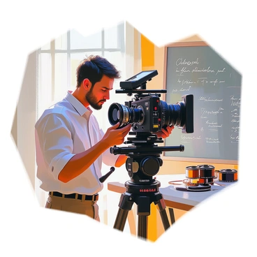 A cameraman with medium skin and dark hair is adjusting the lens of an old-fashioned film camera. He is wearing a vintage-style shirt, and his expression shows concentration as he focuses on the camera's mechanism. The film camera is large and detailed, featuring a sturdy body with knobs and a shiny lens. Behind him, there is a chalkboard with notes and sketches related to the film, and scattered film reels can be seen on a nearby table. Natural light from a window illuminates the scene, highlighting the textures of the camera and the cameraman's focused demeanor.