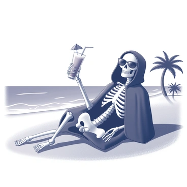 Death relaxing on a beach, wearing sunglasses and holding a drink with an umbrella