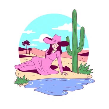 A pink cowgirl wearing a wide-brimmed hat is sitting next to a tall green cactus in a desert oasis. The cowgirl is leaning back against the cactus, with her hands resting on her knees. Surrounding her is a small patch of lush green grass and a shimmering pool of water reflecting the blue sky above. In the background, there are distant sand dunes and a few scattered palm trees providing shade.