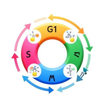 A cycle chart displaying the regulation of the cell cycle stages. The chart features distinct segments labeled "G1", "S", "G2", and "M". Each segment is color-coded to represent its specific phase in the cell cycle. Arrows are incorporated to illustrate the progression from one stage to the next. Additionally, icons representing key regulatory proteins are placed adjacent to each stage. The overall design of the chart is clean and organized, making the information easily understandable.
