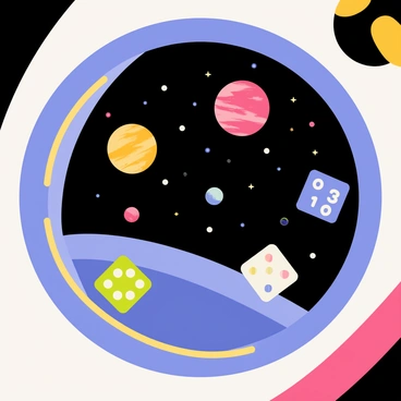 A spaceship interior featuring a transparent viewport. Inside the spaceship, several colorful dice are floating freely in zero gravity. The dice are showing different numbers on their faces, with a variety of colors such as red, blue, and green. Outside the viewport, multiple planets of varying sizes and colors are visible in the dark expanse of space. Stars twinkle in the background, adding to the cosmic atmosphere.