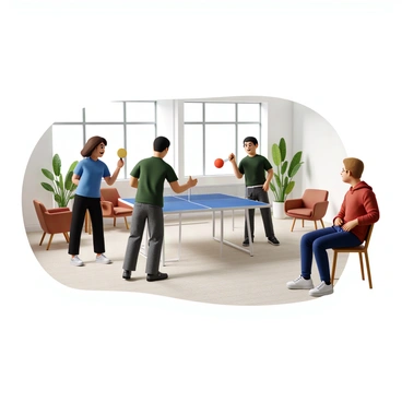 Three office workers are engaged in a game of table tennis in a recreation room. One worker, a woman with curly brown hair, is wearing a blue t-shirt and black jeans. She is holding a paddle and is in a dynamic pose, preparing to hit the ball. The second worker, a man with short black hair, is wearing a green polo shirt and grey shorts. He is standing opposite her, ready to return the serve. The third worker, a man with light brown hair tied back, is casually dressed in a red hoodie and blue joggers. He is leaning against a nearby wall, watching the match with a smile. The room is bright and features a large window, some plants in the corners, and a few comfortable chairs scattered around.