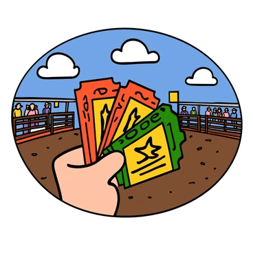 A hand with light skin holding several colorful rodeo tickets. The tickets are vibrant, featuring designs with stars and bold lettering. In the background, a rodeo arena is visible, with a dirt floor and wooden fencing. Spectators can be seen in the stands, eagerly watching the event. The sky above is bright blue with a few fluffy clouds, adding to the lively atmosphere of the scene.
