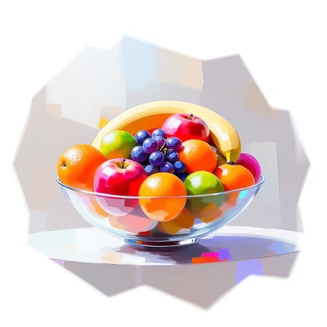 A solid illustration featuring a large, round bowl overflowing with a variety of vividly colored fruits. The bowl is made of clear glass, showcasing the vibrant fruits inside. The composition includes bright red apples, yellow bananas, plump purple grapes, and an assortment of citrus fruits such as oranges and lemons. The fruits are arranged in a way that emphasizes their colors and textures, with some fruits partially overlapping each other. The surface beneath the bowl is a simple, neutral tone, ensuring that the focus remains on the colorful assortment of fruits within the bowl.