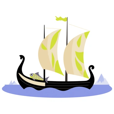 A majestic Viking ship sailing on a calm sea. The ship features a long, slender hull made of dark wood, designed for swift movement across water. At the front of the ship, there is a beautifully carved cod fish figurehead, intricately detailed with scales and fins, showcasing the craftsmanship of its makers. The ship's sail is unfurled, displaying bold patterns and colors that catch the wind. The horizon is dotted with faint silhouettes of distant mountains, creating a sense of adventure on this maritime journey.