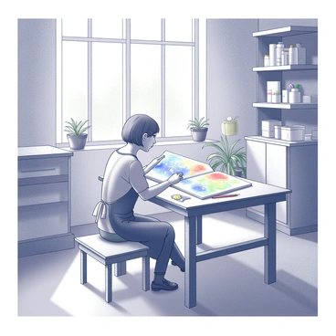 An artist is sitting at a large wooden table in a bright studio filled with natural light. The walls are lined with shelves filled with various art supplies, like paints and brushes. On the table, there is an open children's book with colorful illustrations in progress. The artist, with short hair and wearing a paint-splattered apron, is focused on the book cover design, using a brush to add details. Sunlight streams through a large window, casting soft shadows on the floor, and plants in pots are placed around the room, adding a sense of liveliness to the space.