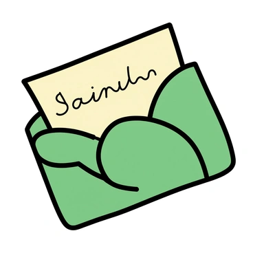 An envelope made entirely of green leaves, shaped to resemble a traditional envelope. The leaves are layered and overlapping, creating a natural texture. A handwritten letter, featuring visible cursive writing, is partially sticking out from the top opening of the envelope. The letter has a slightly aged appearance with a light beige color, contrasting with the vibrant green of the leaves. The background is plain to keep focus on the envelope and the letter.