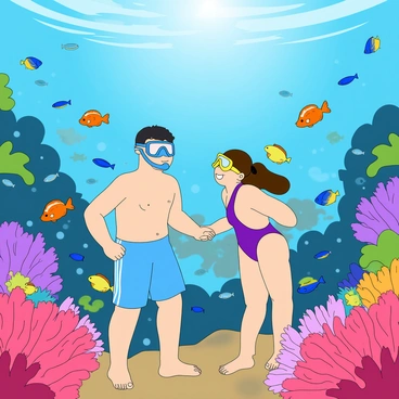 A pair of snorkelers, a man and a woman, are exploring a vibrant coral reef. The man has short black hair and is wearing a blue snorkel mask and matching swim trunks. The woman has long brown hair tied back and is wearing a bright yellow snorkel mask and a purple swimsuit. They are surrounded by a profusion of colorful fish, including orange clownfish, yellow butterflyfish, and blue tangs, swimming among the various shapes and hues of the coral. The coral formations are in shades of pink, purple, and green, creating a lively underwater scene. Sunlight filters down from the surface, illuminating the water and enhancing the colors of the reef and its inhabitants.