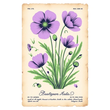 A vintage botanical print featuring large, detailed illustrations of poppies. The flowers are depicted with their petals open, showcasing their intricate details. Each poppy is surrounded by delicate green foliage, illustrating the plant's natural habitat. Below the illustrations, there are scientific annotations in fine text, labeling the different parts of the poppy such as the stem, petals, and seeds. The background is a subtle texture that resembles aged parchment, enhancing the vintage feel of the print.
