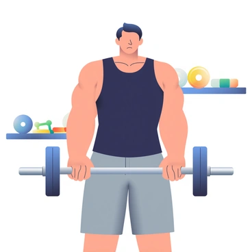 A gym instructor with short, dark hair is demonstrating the proper form for a barbell curl. The instructor is wearing a fitted black tank top and gray workout shorts. They are standing upright, holding a shiny silver barbell with both hands, arms extended downwards. The instructor's elbows are close to their torso, and their hands are positioned shoulder-width apart on the barbell. In the background, there are exercise equipment like dumbbells and weight plates neatly organized on a rack. The gym has bright lighting highlighting the instructor’s focused expression and athletic posture.