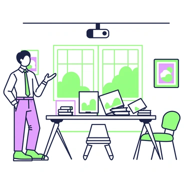 An artist is standing in a stylish conference room, showcasing their portfolio. The room features large windows that provide natural light. The artist is wearing a smart casual outfit, consisting of a fitted shirt and tailored trousers. A sleek, modern table is positioned in the center of the room. On the table, several portfolio books are neatly arranged, displaying various artworks. The walls are adorned with framed pieces of art, and a few chairs are placed around the table, waiting for viewers. A projector screen is lowered, ready for the artist to display digital images of their work.