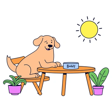 A dog sitting at an outdoor cafe table, with a personalized bowl for its water.