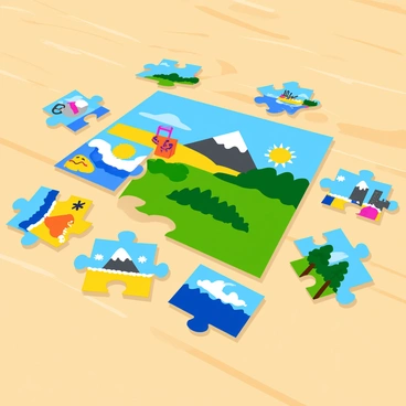 A colorful jigsaw puzzle spread out on a table. Each puzzle piece features a unique design, with vibrant illustrations that hint at different aspects of a larger image. One piece shows a sunny beach, while another depicts a snowy mountain scene. There is a piece with lush green trees and a piece with a city skyline. The pieces are scattered haphazardly but some are connected, revealing parts of the complete picture that includes a cheerful landscape with a bright blue sky, cheerful animals, and a mix of seasonal elements. The table underneath is a light wood finish, providing a warm contrast to the colorful puzzle pieces.