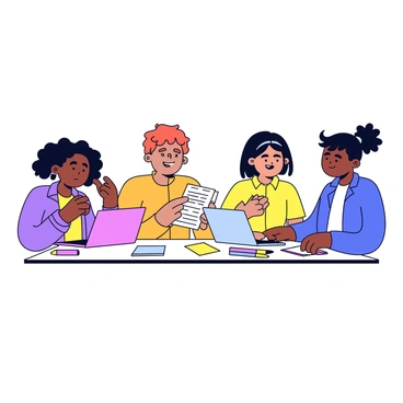 A group of four students sitting around a rectangular table. The students are diverse in appearance, with one student with curly hair, another with straight black hair, a third with glasses, and the last with a ponytail. They are all engaged in conversation, with one student pointing at a notebook filled with notes. On the table, there are several colorful markers, a laptop, and sticky notes scattered around. A warm light illuminates the scene, making it a productive environment.
